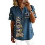 Dallas Cowboys Women’s Short Sleeve V-Neck Button-Down Tunic Top Personalize Name