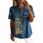 Detroit Lions Women’s Short Sleeve V-Neck Button-Down Tunic Top Personalize Name