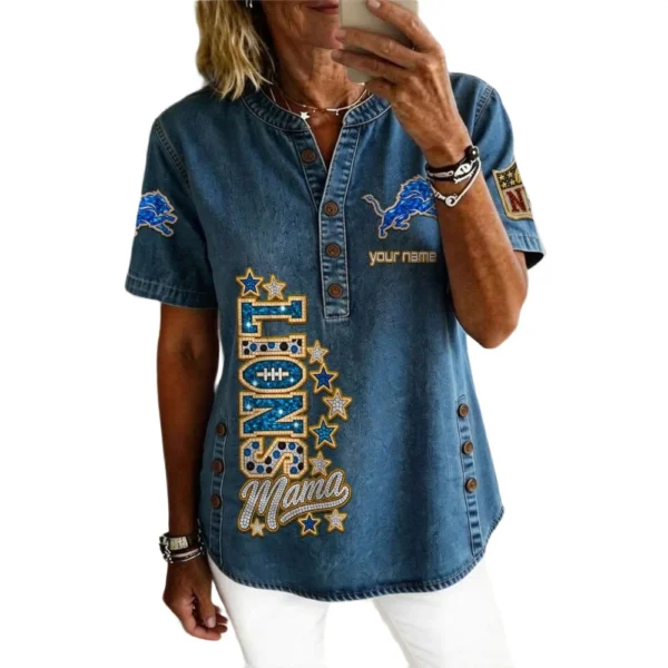 Detroit Lions Women’s Short Sleeve V-Neck Button-Down Tunic Top Personalize Name