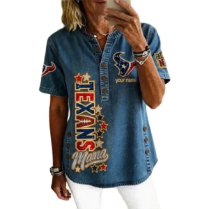 Houston Texans Women’s Short Sleeve V-Neck Button-Down Tunic Top Personalize Name
