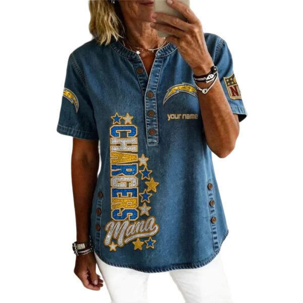 Los Angeles Chargers Women’s Short Sleeve V-Neck Button-Down Tunic Top Personalize Name