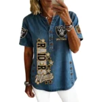 Las Vegas Raiders Women’s Short Sleeve V-Neck Button-Down Tunic Top Personalize Name