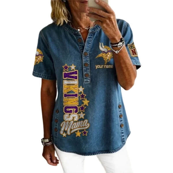 Minnesota Vikings Women’s Short Sleeve V-Neck Button-Down Tunic Top Personalize Name