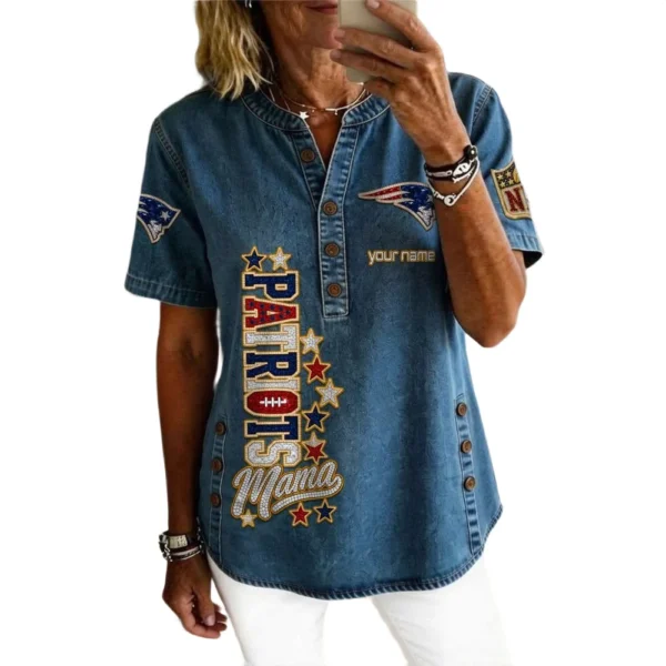 New England Patriots Women’s Short Sleeve V-Neck Button-Down Tunic Top Personalize Name