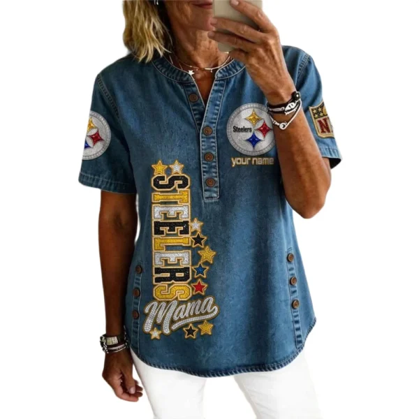 Pittsburgh Steelers Women’s Short Sleeve V-Neck Button-Down Tunic Top Personalize Name