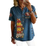 San Francisco 49ers Women’s Short Sleeve V-Neck Button-Down Tunic Top Personalize Name