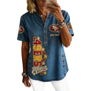 San Francisco 49ers Women’s Short Sleeve V-Neck Button-Down Tunic Top Personalize Name