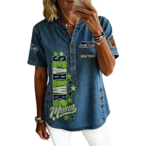 Seattle Seahawks Women’s Short Sleeve V-Neck Button-Down Tunic Top Personalize Name