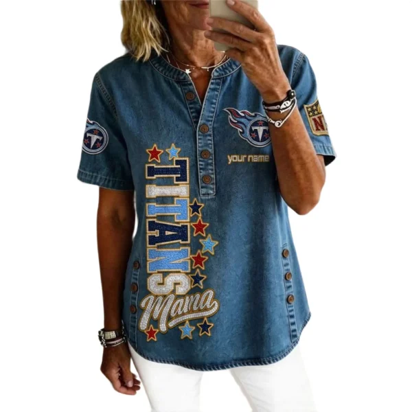 Tennessee Titans Women’s Short Sleeve V-Neck Button-Down Tunic Top Personalize Name