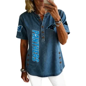 Carolina Panthers Women’s Short Sleeve V-Neck Button-Down Tunic Top
