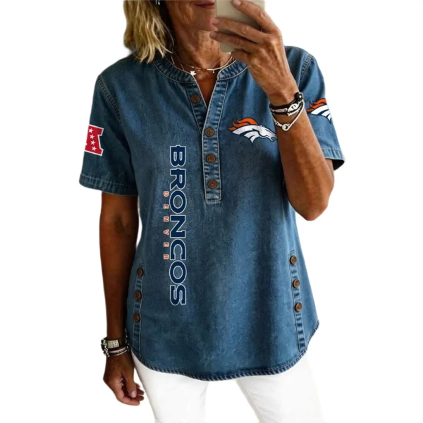 Denver Broncos Women’s Short Sleeve V-Neck Button-Down Tunic Top