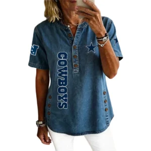 Dallas Cowboys Women’s Short Sleeve V-Neck Button-Down Tunic Top