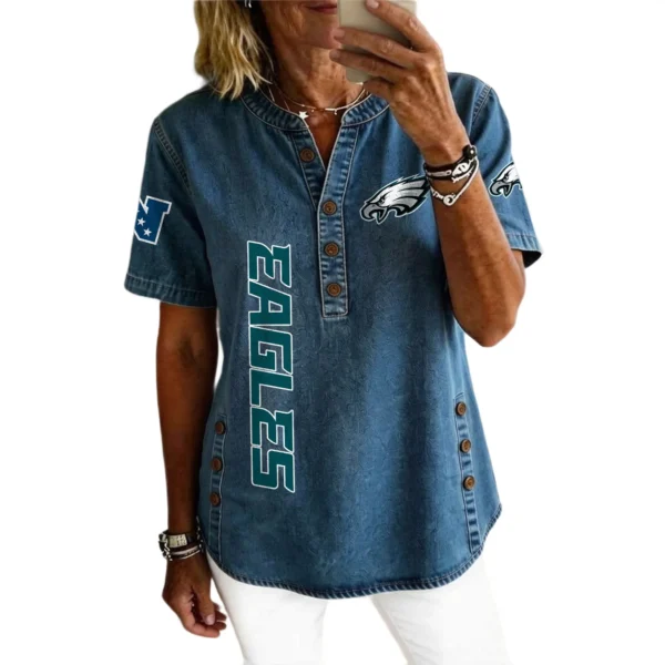 Philadelphia Eagles Women’s Short Sleeve V-Neck Button-Down Tunic Top