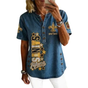 New Orleans Saints Women’s Short Sleeve V-Neck Button-Down Tunic Top Personalize Name